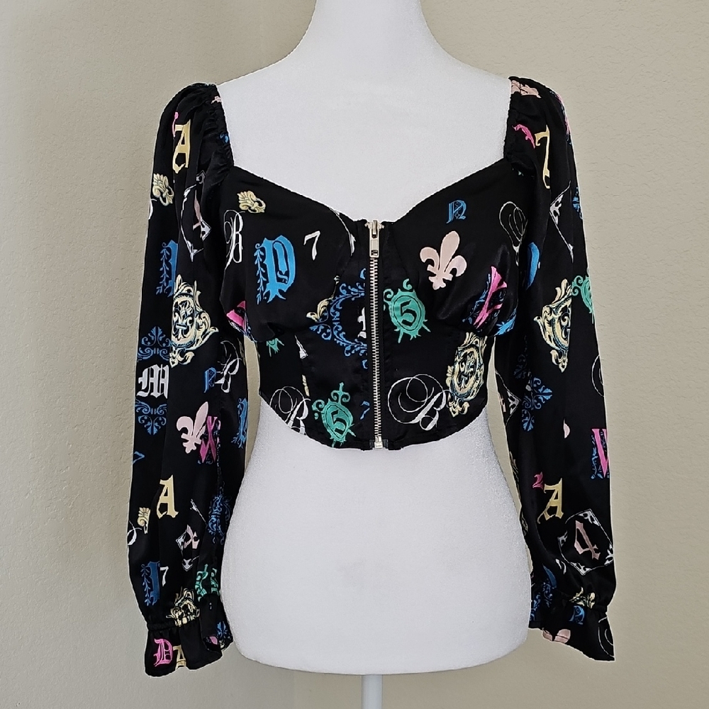 O.L.M Corset style Satin Black, Multicolor Crop Top Long Sleeve Size S